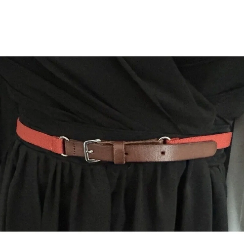 LOFT Skinny Elastic‎ Belt Brown Leather Orange Stretch Waist Silver Buckle 47-53